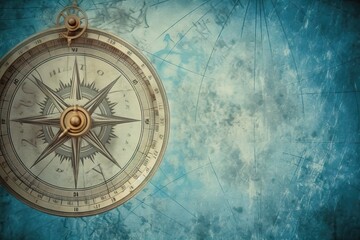 bygone art map charred ancient canvas nautical business compass Survival burnt exploration background Old antiquity grunge vintage blue blue cover theme discovery ancient retro background compass - obrazy, fototapety, plakaty
