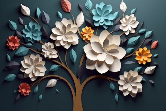 Elegant colorful 3d flowers with leaves on a tree illustration background. 3d abstraction wallpaper for Interior mural painting wall art decor. Tree branches leaves with flowers hanging, Generative AI