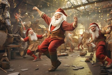 Santa Claus dancing joyfully with elves in the workshop, celebrating a job well done - Christmas theme - obrazy, fototapety, plakaty