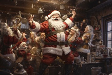 Santa Claus dancing joyfully with elves in the workshop, celebrating a job well done - Christmas theme - obrazy, fototapety, plakaty