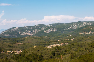 Great view to the surrounding scenery high from the mountain in Corfu, Greece