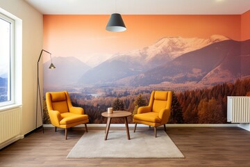 Interior of an empty room in orange tones with a panorama photo wall mural Merano (South Tyrol, Italy), Generative AI - obrazy, fototapety, plakaty