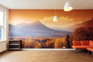 Interior of an empty room in orange tones with a panorama photo wall mural Merano (South Tyrol, Italy), Generative AI