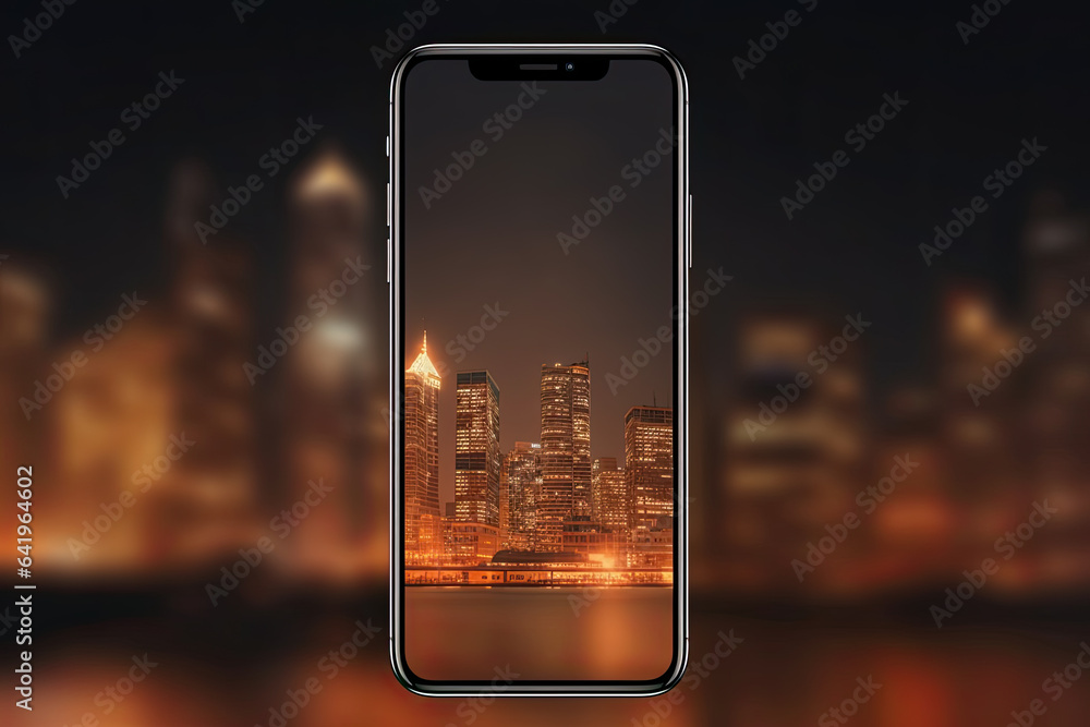 Poster smartphone mockup. new black frameless hovering smartphone on color background. based on high-qualit