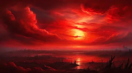 Foto op Canvas Fantasy landscape with sun and fog at sunset. Digital painting. © MrBaks