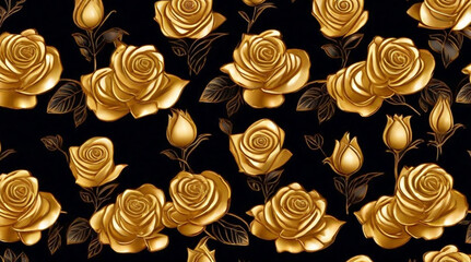 Seamless pattern with gold roses on a black background.