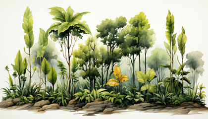 Abstract hand drawn tropical plants landscape art background. Green, gold, hand drawn art, modern art.