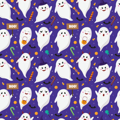 Vector Halloween seamless pattern. Candies, ghost in witch hat on dark blue background. Backdrop for wallpaper, print, textile, fabric, wrapping