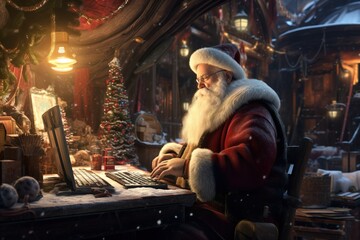 Santa Claus using modern technology laptop, online shopping, juxtaposed against the traditional setting of the North Pole workshop