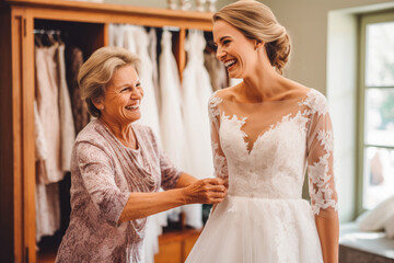 Older woman trying on wedding dress. Happy bride excited smile for wedding, happiness and marriage. Generative AI