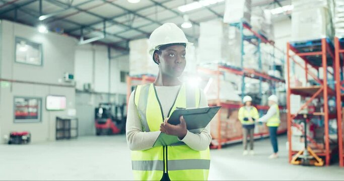 Engineering, checklist and black woman in a warehouse for inventory, stock check or distribution. Industry, clipboard and young female industrial worker checking information at a logistics factory.