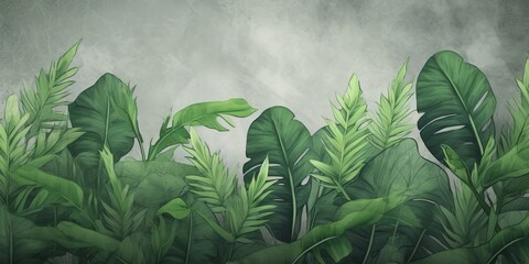 Tropical leaves on a gray background. Photo wallpaper with leaves. Fresco for the interior. Wall decor in grunge style. Painted green leaves. Photo wallpapers, Generative AI - obrazy, fototapety, plakaty