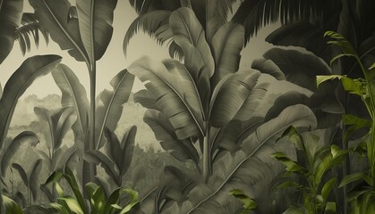 Tropical wallpaper design, banana trees, landscapes, mural art, Generative AI - obrazy, fototapety, plakaty