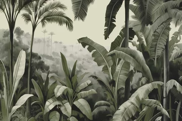 Gordijnen Tropical wallpaper design, banana trees, landscapes, mural art, Generative AI © Visual Wonders