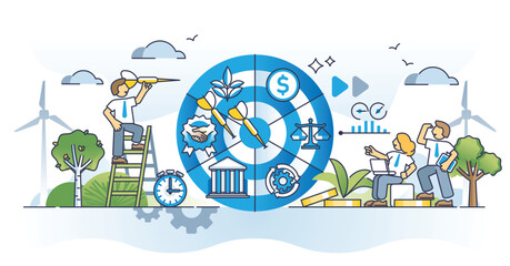 Goal setting and priorities for achievable business targets outline concept. Aim for company priorities with effective and precise leader vision vector illustration. Leadership plan and strategy. - obrazy, fototapety, plakaty