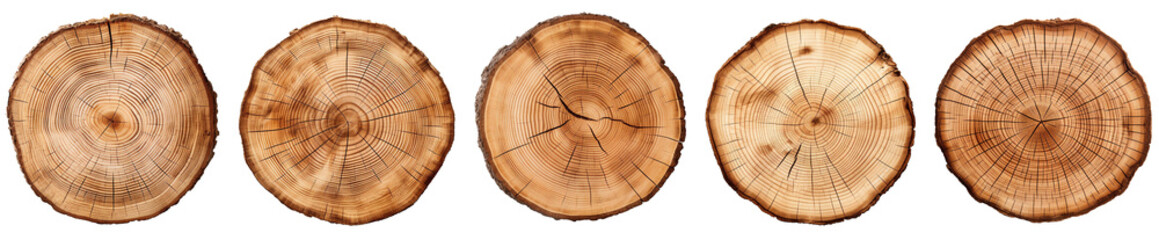 Set of Wooden stump slice. Round cut down tree with annual rings as a wood texture. Isolated on transparent background - obrazy, fototapety, plakaty