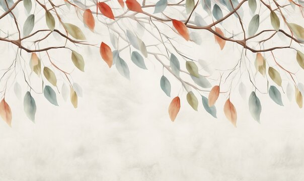 Hand-drawn branches with leaves hanging from above on a textured background. Seamless pattern, Generative AI