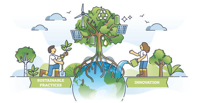 Sustainability and green, ecological business practices outline concept. Innovative principles with environmental and nature friendly approach for successful company development vector illustration.