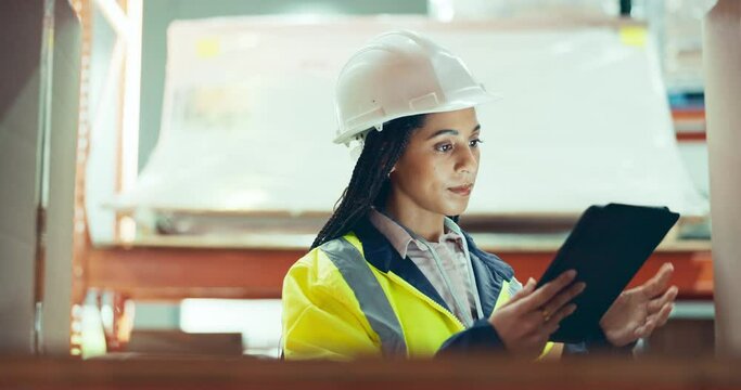 Engineering, tablet and woman in a warehouse doing inventory, stock take or distribution. Industry, digital technology and young female industrial worker doing online research at a logistics factory.