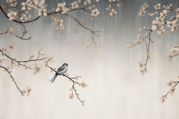 Vintage photo wallpaper with branches and birds on grey background. Design for wallpaper, photo wallpaper, fresco, Generative AI