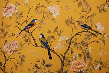 Birds and flowers on gold background, Generative AI