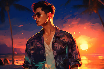 Asian Man  with 2d potrait posing during sunset