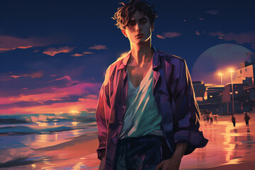 Asian Man  with 2d potrait posing during sunset