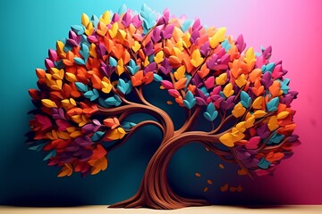 Colorful tree with leaves on hanging branches illustration background. 3d abstraction wallpaper for interior mural wall art decor. Floral tree with multicolor, Generative AI - obrazy, fototapety, plakaty