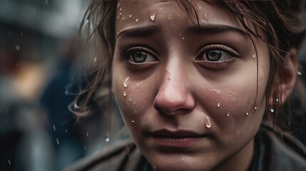 Portrait of a depressed young girl with raindrops on the face. Mental health concept.