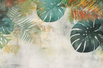 Tropical leafs on dirty grunge background with paint splashes. Design for wallpaper, photo wallpaper, fresco, etc, Generative AI - obrazy, fototapety, plakaty