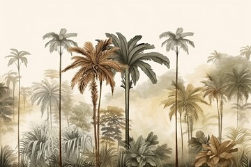 Fototapeta na wymiar hand drawn forest landscape wallpaper design, tall palm trees, tropical trees, earth tones, modern wallpaper, background, mural art, Generative AI