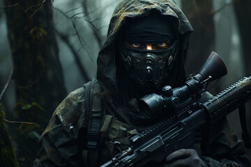 Closeup shot of elite sniper in forest 