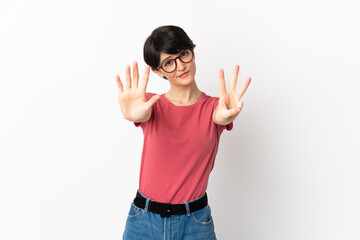 Woman with short hair isolated on white background counting eight with fingers