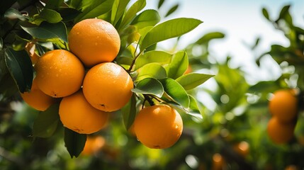 A tree in an orchard is bearing fresh oranges.