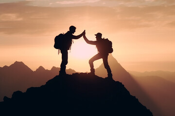 Silhouette of two men with backpacks on the top of the mountain.