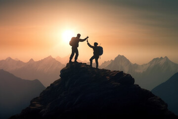 Silhouette of two men with backpacks on the top of the mountain.