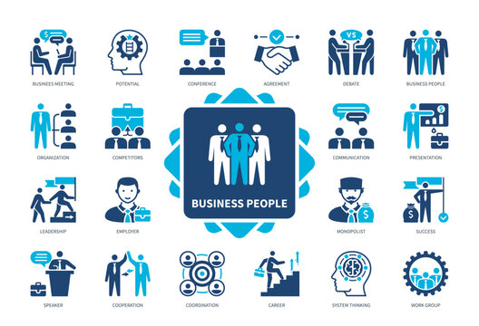 Business People icon set. Career, Business Meeting, Agreement, Competitors, System Thinking, Speaker, Work Group, Conference. Duotone color solid icons