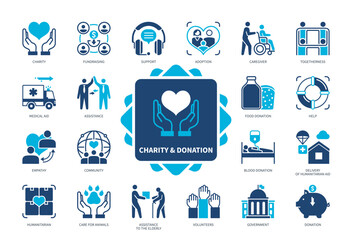 Challenge icon set. Community, Blood Donation, Humanitarian, Donation, Help, Support, Togetherness, Volunteer. Duotone color solid icons