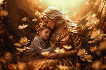 Mother spending time with her children in magical fairy tale forest. Golden autumn forest with cinematic light. Made with Generative AI