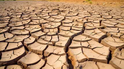 Cracked, arid and dried up lakebed. Concept of drought and water scarcity due to global warming and the climate crisis.  Shallow field of view.