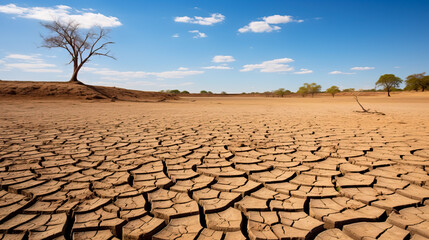 Cracked, arid and dried up lakebed. Concept of drought and water scarcity due to global warming and the climate crisis.  Shallow field of view.