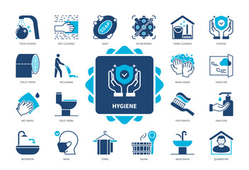 Hygiene icon set. Food Hygiene, Vacuuming, Wet Cleaning, Bathroom, Soap, Toothpaste, Fresh Air, Quarantine. Duotone color solid icons
