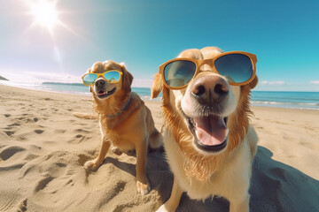 golden retriever dogs in sunglasses on the beach at sunny day