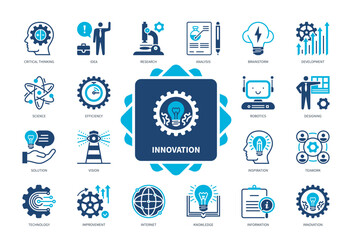 Innovation icon set. Brainstorm, Technology, Teamwork, Idea, Designing, Development, Research, Critical Thinking. Duotone color solid icons