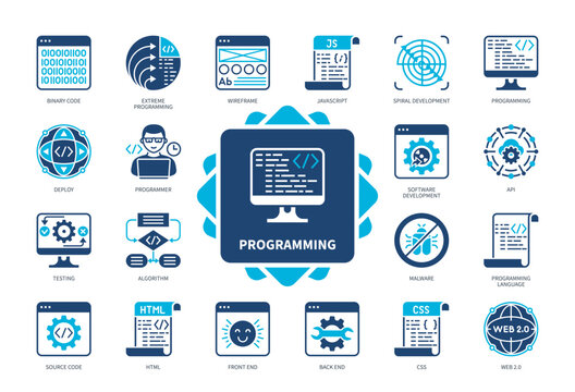 Programming icon set. Web, Algorithm, Binary Code, Spiral Development, Malware, Cloud Computing, Programmer, Javascript. Duotone color solid icons