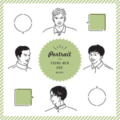 若い男性の線画表情セット（モノクロ）