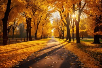 Autumn forest road in autumn leaves background. Beautiful autumn landscape with yellow trees and sun. Colorful foliage in the park.