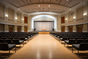 Fototapeta premium Interior of a conference room that is empty and has a presenting stage. The prespective of a conference or functional hall. Conference room, stage show