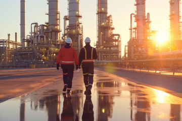 Engineer or Technician wearing safety helmet and working in petrochemical plant at sunset - obrazy, fototapety, plakaty