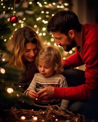 Joyful Family Decorating Christmas Tree with Heirlooms. Generative AI